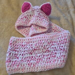 Adorable Pink and White Knitted Cat Ear Hooded Scarf